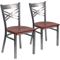 2 Pk. HERCULES Series Clear Coated ''X'' Back Metal Restaurant Chair - Cherry Wood Seat