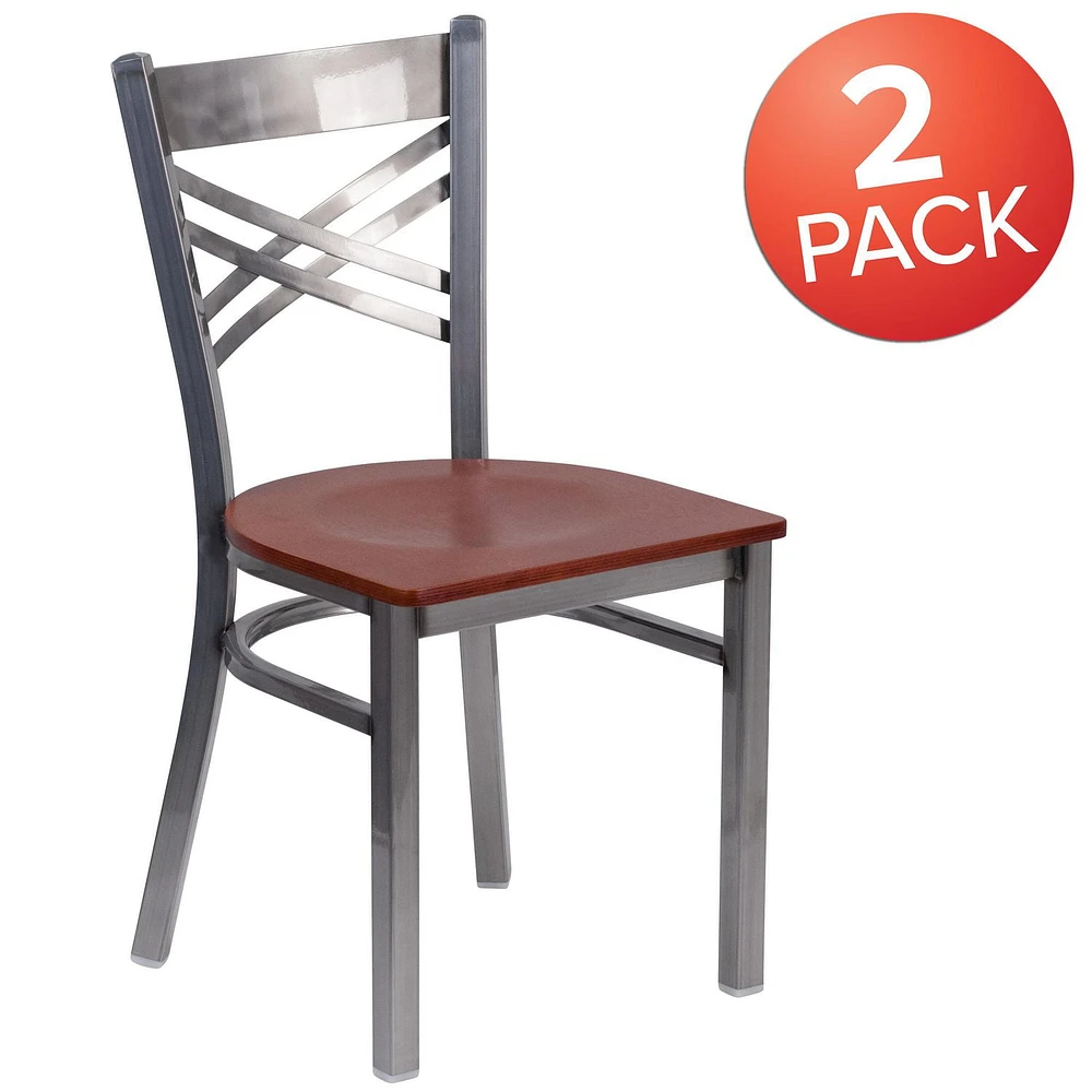 2 Pk. HERCULES Series Clear Coated ''X'' Back Metal Restaurant Chair - Cherry Wood Seat