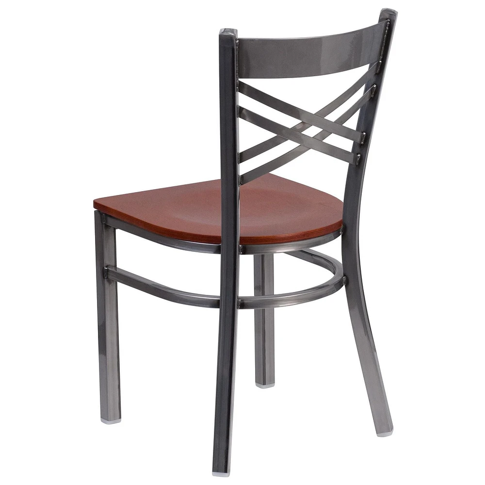 2 Pk. HERCULES Series Clear Coated ''X'' Back Metal Restaurant Chair - Cherry Wood Seat