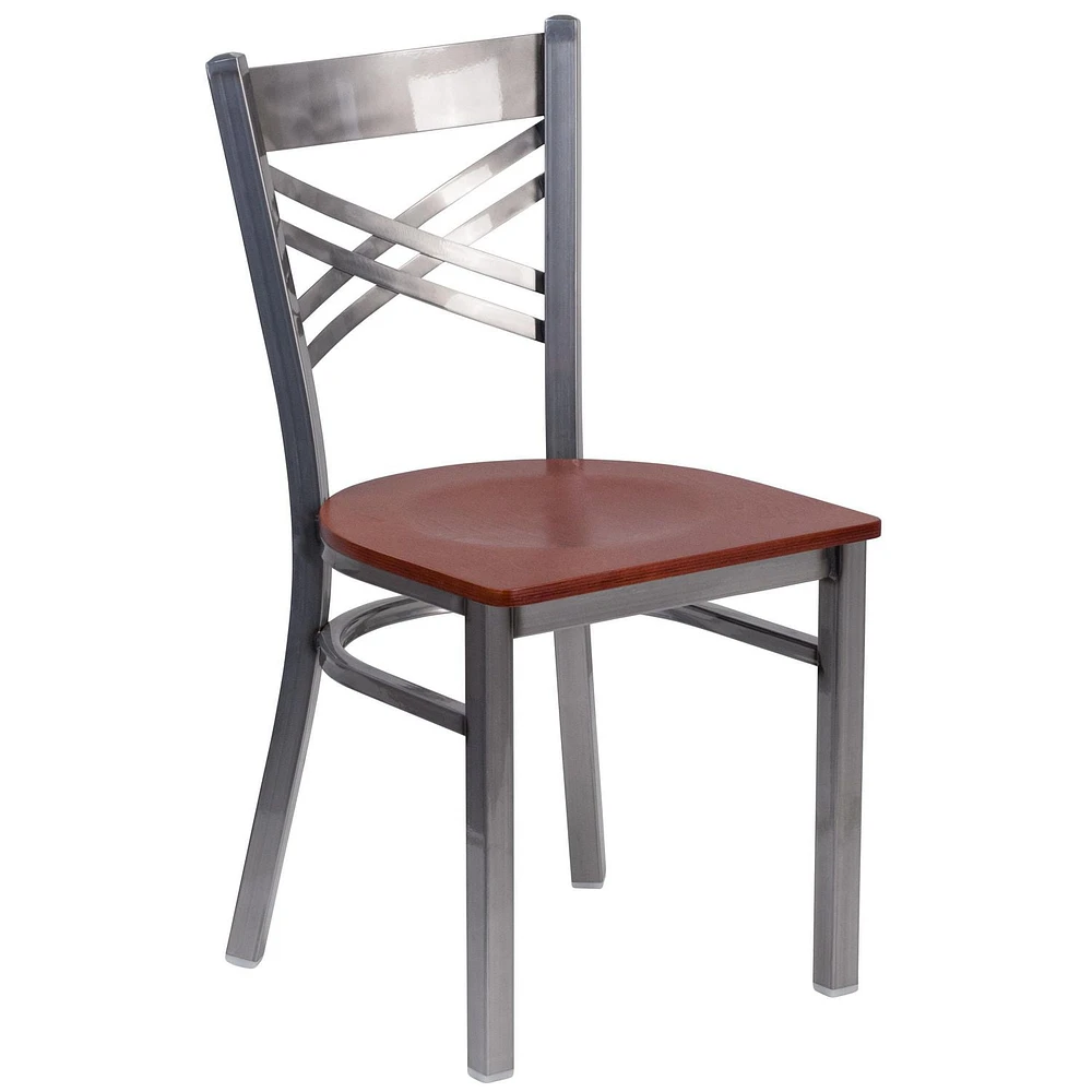 2 Pk. HERCULES Series Clear Coated ''X'' Back Metal Restaurant Chair - Cherry Wood Seat