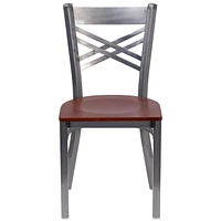 2 Pk. HERCULES Series Clear Coated ''X'' Back Metal Restaurant Chair - Cherry Wood Seat