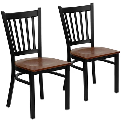 2 Pk. HERCULES Series Black Vertical Back Metal Restaurant Chair - Cherry Wood Seat