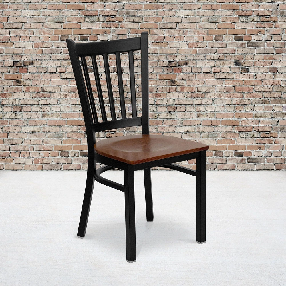 2 Pk. HERCULES Series Black Vertical Back Metal Restaurant Chair - Cherry Wood Seat