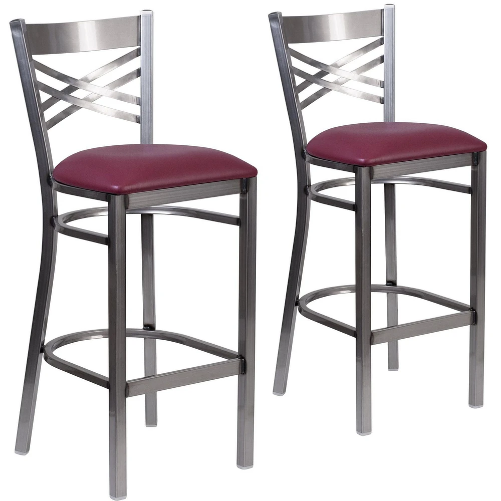 2 Pk. HERCULES Series Clear Coated ''X'' Back Metal Restaurant Barstool - Burgundy Vinyl Seat