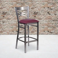 2 Pk. HERCULES Series Clear Coated ''X'' Back Metal Restaurant Barstool - Burgundy Vinyl Seat