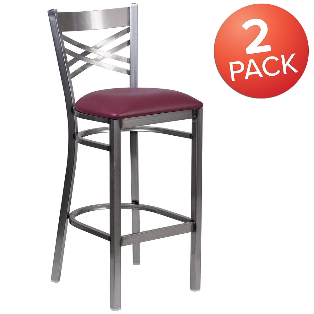 2 Pk. HERCULES Series Clear Coated ''X'' Back Metal Restaurant Barstool - Burgundy Vinyl Seat