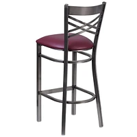 2 Pk. HERCULES Series Clear Coated ''X'' Back Metal Restaurant Barstool - Burgundy Vinyl Seat