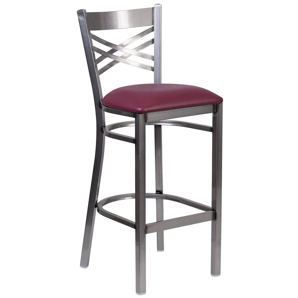 2 Pk. HERCULES Series Clear Coated ''X'' Back Metal Restaurant Barstool - Burgundy Vinyl Seat