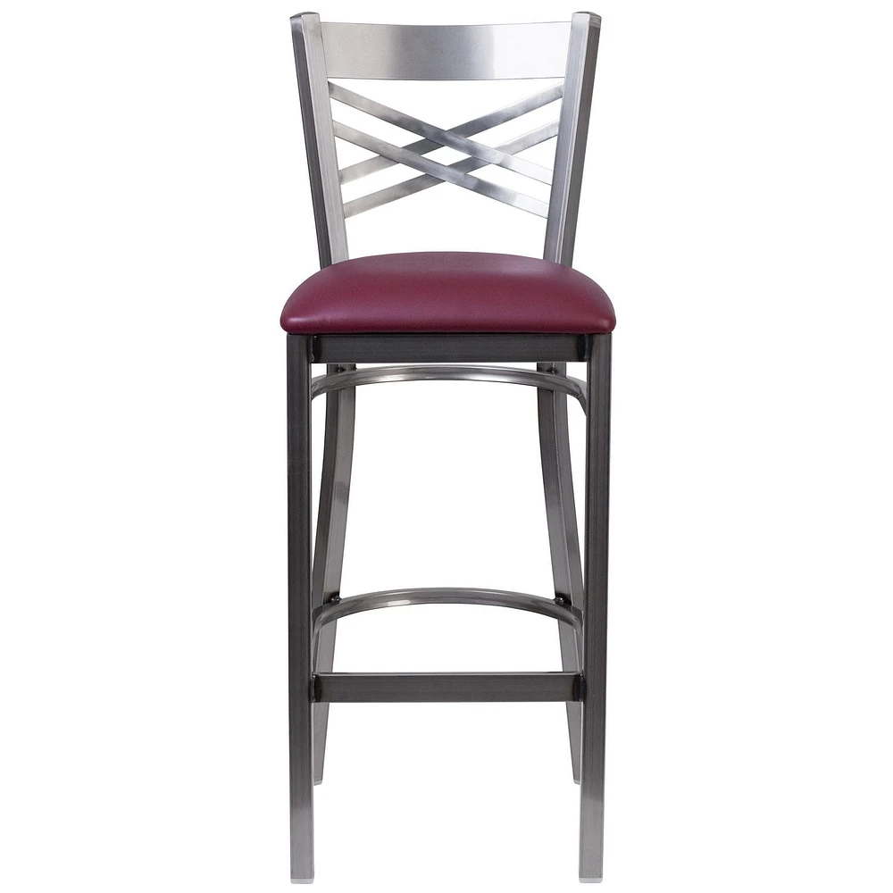 2 Pk. HERCULES Series Clear Coated ''X'' Back Metal Restaurant Barstool - Burgundy Vinyl Seat