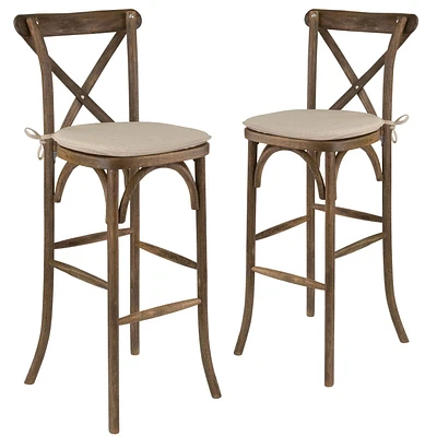 2 Pk. HERCULES Series Dark Antique Wood Cross Back Barstool with Cushion