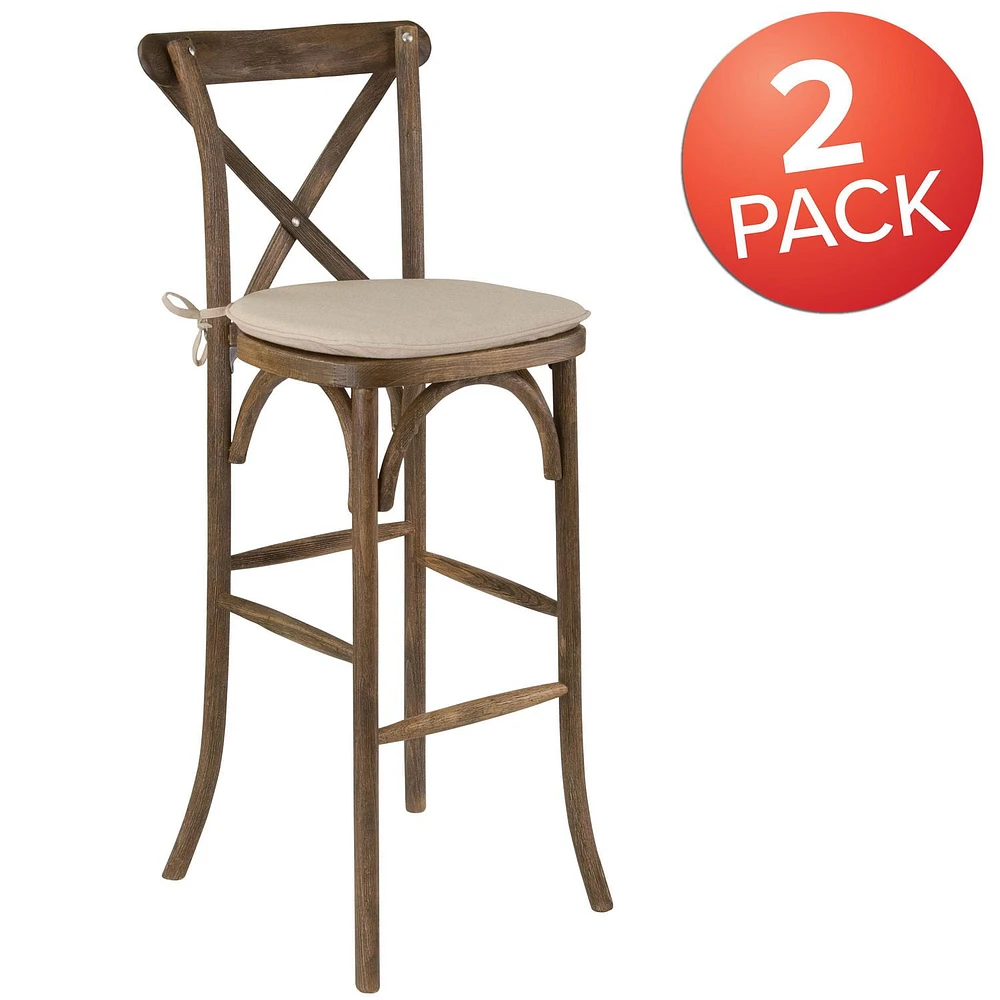 2 Pk. HERCULES Series Dark Antique Wood Cross Back Barstool with Cushion