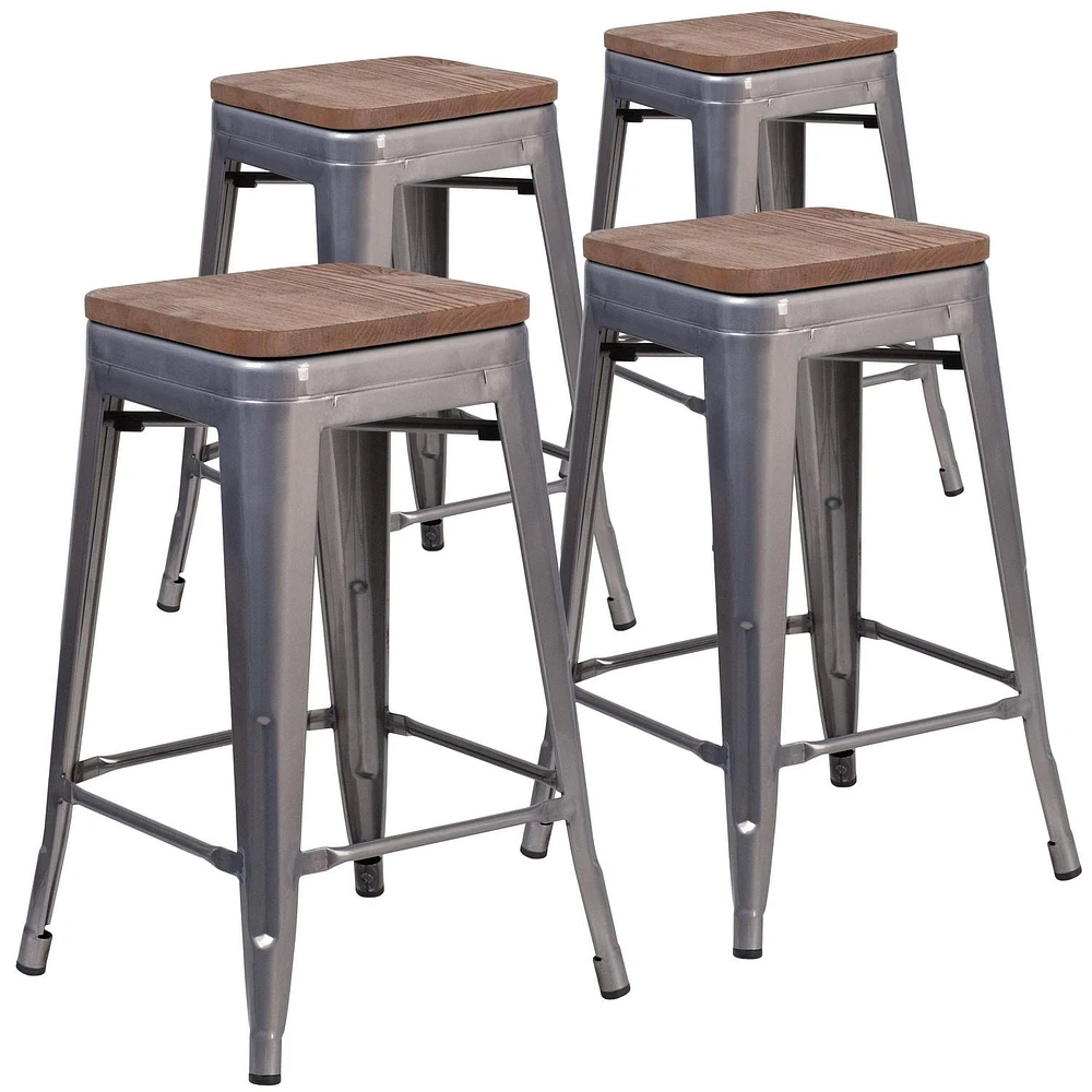 4 Pk. 24" High Backless Clear Coated Metal Counter Height Stool with Square Wood Seat