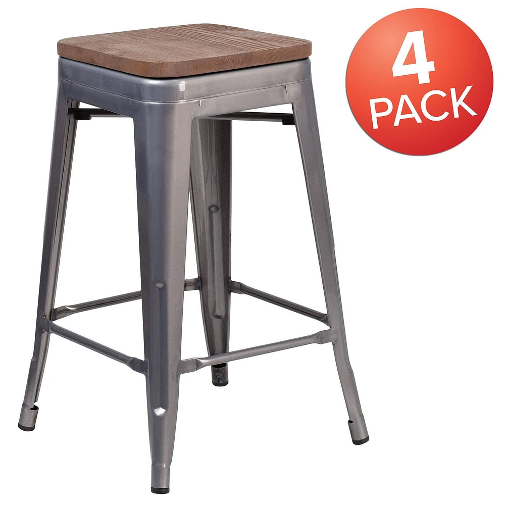 4 Pk. 24" High Backless Clear Coated Metal Counter Height Stool with Square Wood Seat