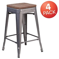 4 Pk. 24" High Backless Clear Coated Metal Counter Height Stool with Square Wood Seat