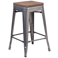 4 Pk. 24" High Backless Clear Coated Metal Counter Height Stool with Square Wood Seat