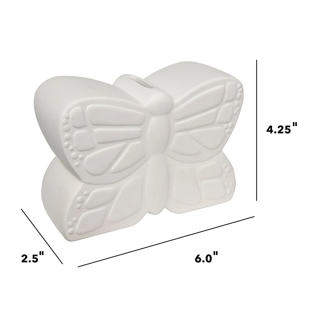 Create Basics Ceramic Paintable Bank Butterfly Figurine, Height 6" White Craft Base