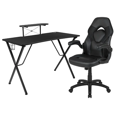 Black Gaming Desk and Chair Set with Cup Holder, Headphone Hook, and Monitor/Smartphone Stand