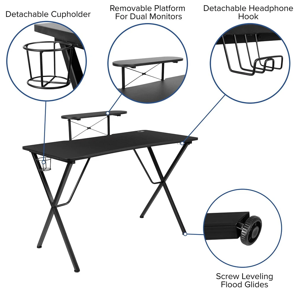 Black Gaming Desk and Chair Set with Cup Holder, Headphone Hook, and Monitor/Smartphone Stand