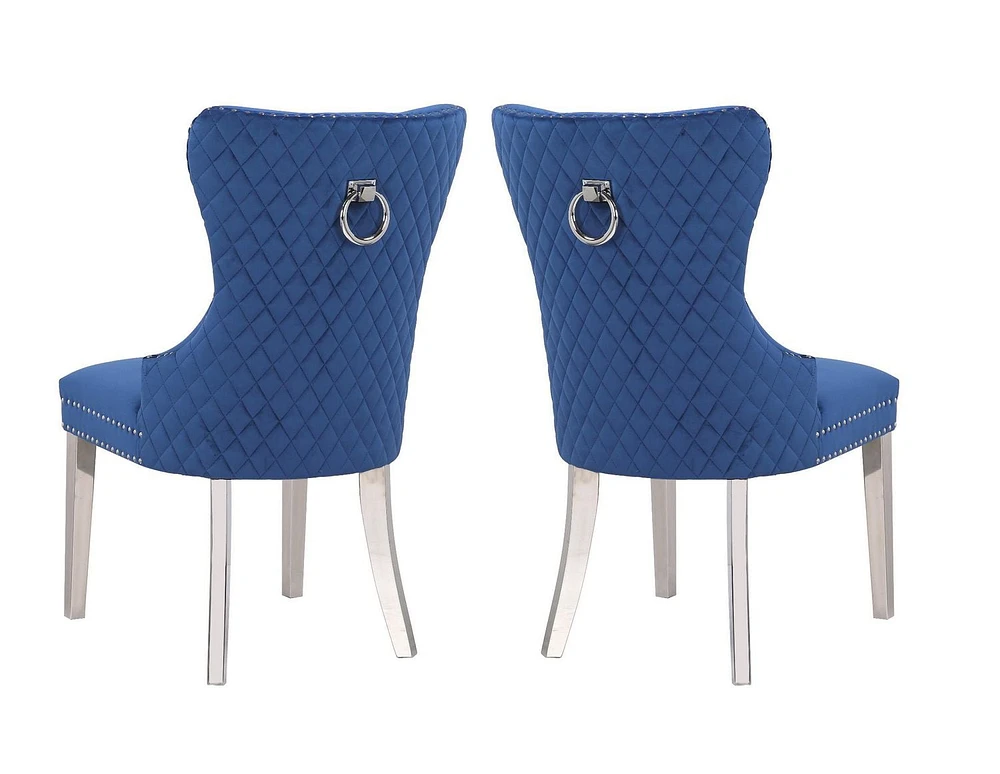 Marlon Chair in Blue, Nailhead trim and Tufted back Dining Chair, Velvet Upholstery Dining Chair, Dining Chair with Stainless Steel legs for Kitchen and Living Room- Set 2