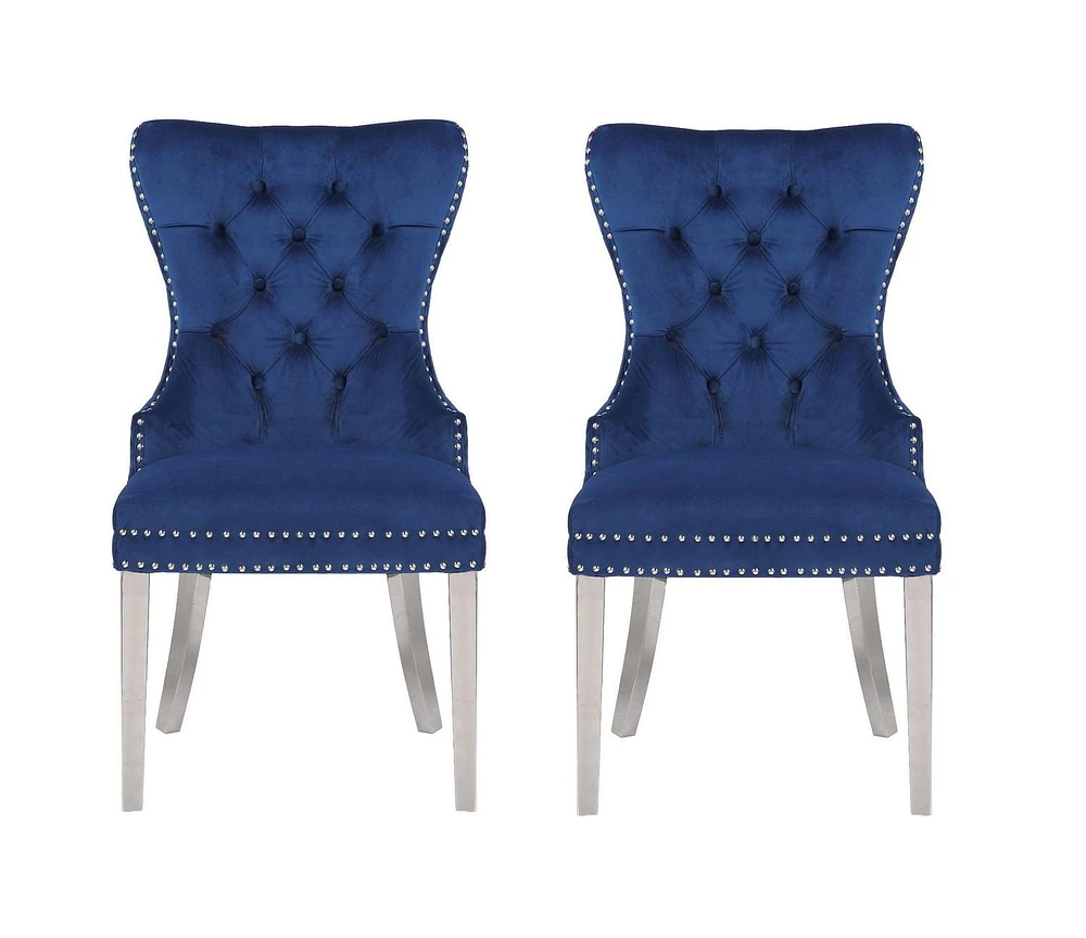 Marlon Chair in Blue, Nailhead trim and Tufted back Dining Chair, Velvet Upholstery Dining Chair, Dining Chair with Stainless Steel legs for Kitchen and Living Room- Set 2