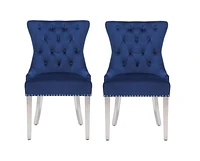 Eudora Chair in Blue, Nailhead trim Dining Chair, Velvet Upholstery Dining Chair, Dining Chair with Stainless Steel legs for Kitchen and Living Room- Set 2