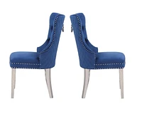 Marlon Chair in Blue, Nailhead trim and Tufted back Dining Chair, Velvet Upholstery Dining Chair, Dining Chair with Stainless Steel legs for Kitchen and Living Room- Set 2