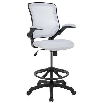 Mid-Back White Mesh Ergonomic Drafting Chair with Adjustable Foot Ring and Flip-Up Arms