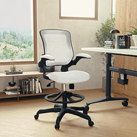 Mid-Back White Mesh Ergonomic Drafting Chair with Adjustable Foot Ring and Flip-Up Arms