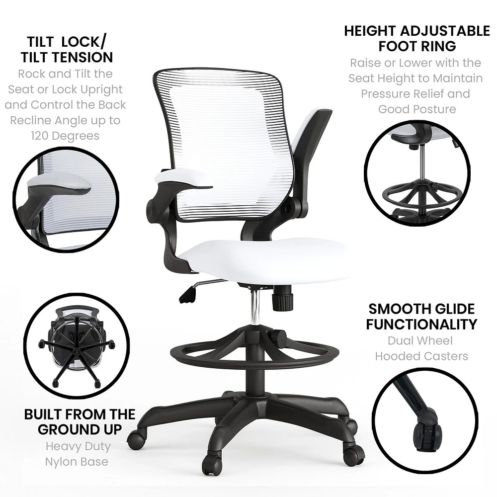 Mid-Back White Mesh Ergonomic Drafting Chair with Adjustable Foot Ring and Flip-Up Arms