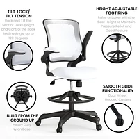 Mid-Back White Mesh Ergonomic Drafting Chair with Adjustable Foot Ring and Flip-Up Arms