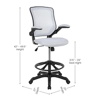 Mid-Back White Mesh Ergonomic Drafting Chair with Adjustable Foot Ring and Flip-Up Arms