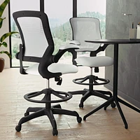 Mid-Back White Mesh Ergonomic Drafting Chair with Adjustable Foot Ring and Flip-Up Arms