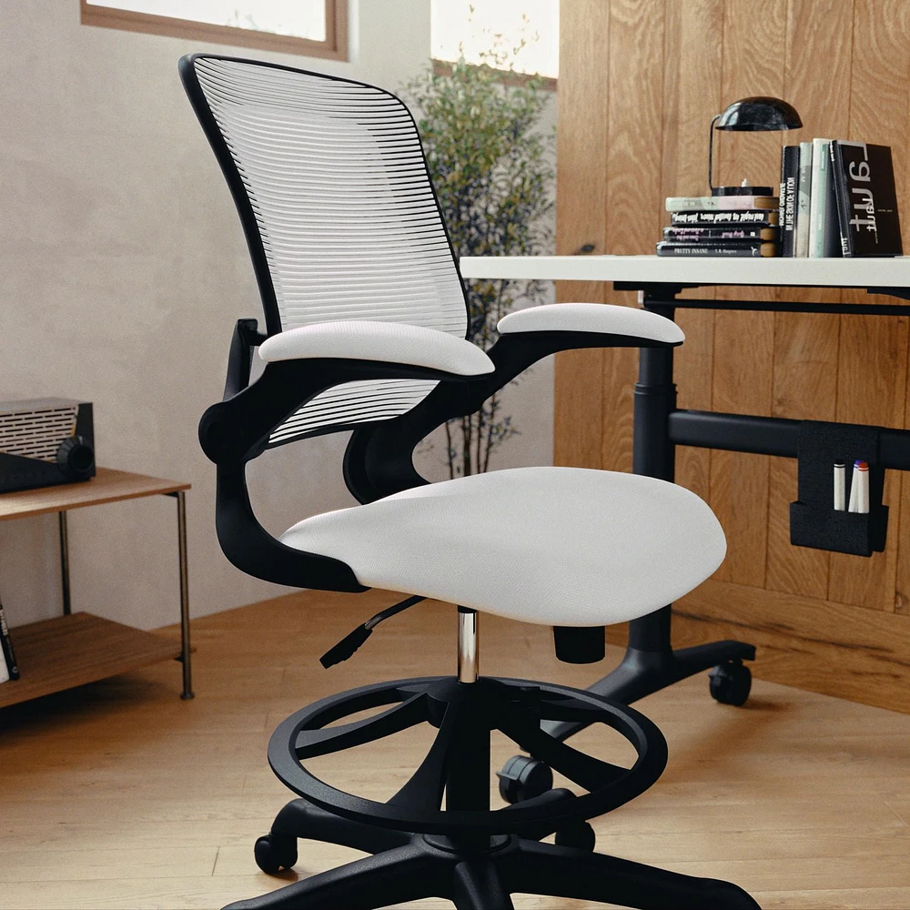 Mid-Back White Mesh Ergonomic Drafting Chair with Adjustable Foot Ring and Flip-Up Arms