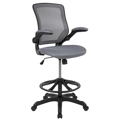 Mid-Back Dark Gray Mesh Ergonomic Drafting Chair with Adjustable Foot Ring and Flip-Up Arms