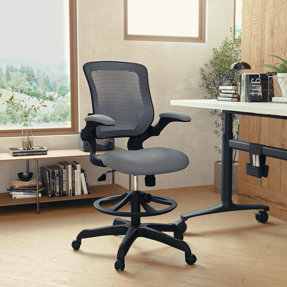 Mid-Back Dark Gray Mesh Ergonomic Drafting Chair with Adjustable Foot Ring and Flip-Up Arms