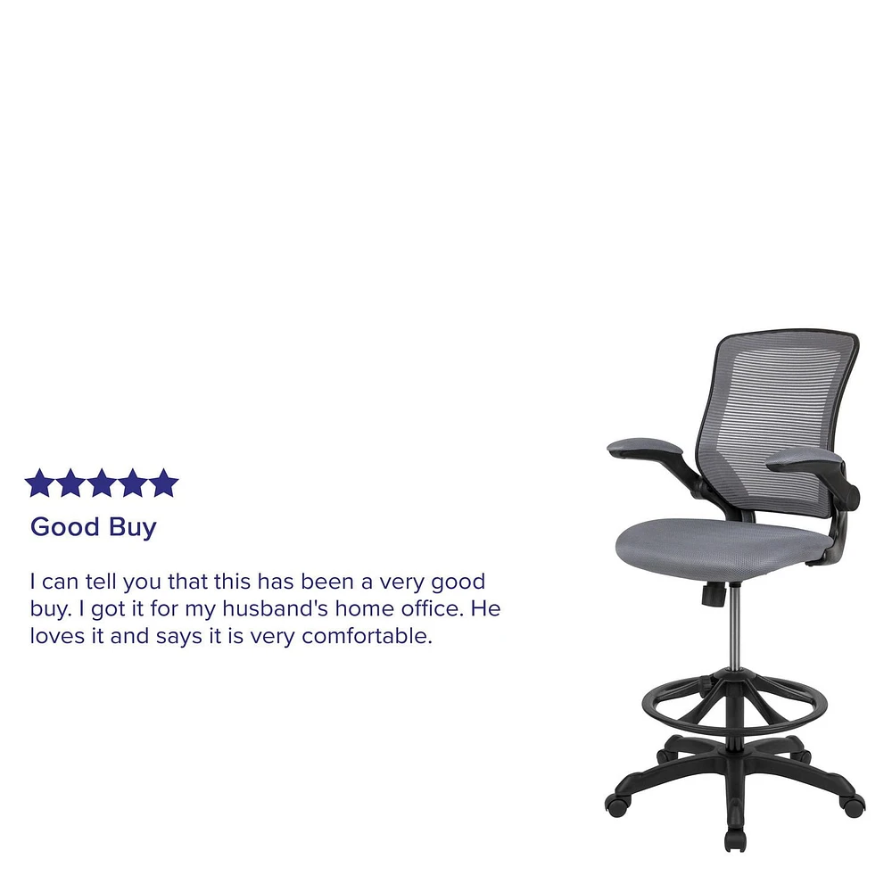 Mid-Back Dark Gray Mesh Ergonomic Drafting Chair with Adjustable Foot Ring and Flip-Up Arms