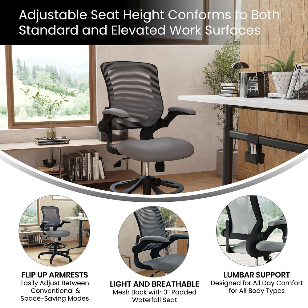 Mid-Back Dark Gray Mesh Ergonomic Drafting Chair with Adjustable Foot Ring and Flip-Up Arms