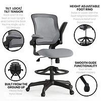 Mid-Back Dark Gray Mesh Ergonomic Drafting Chair with Adjustable Foot Ring and Flip-Up Arms