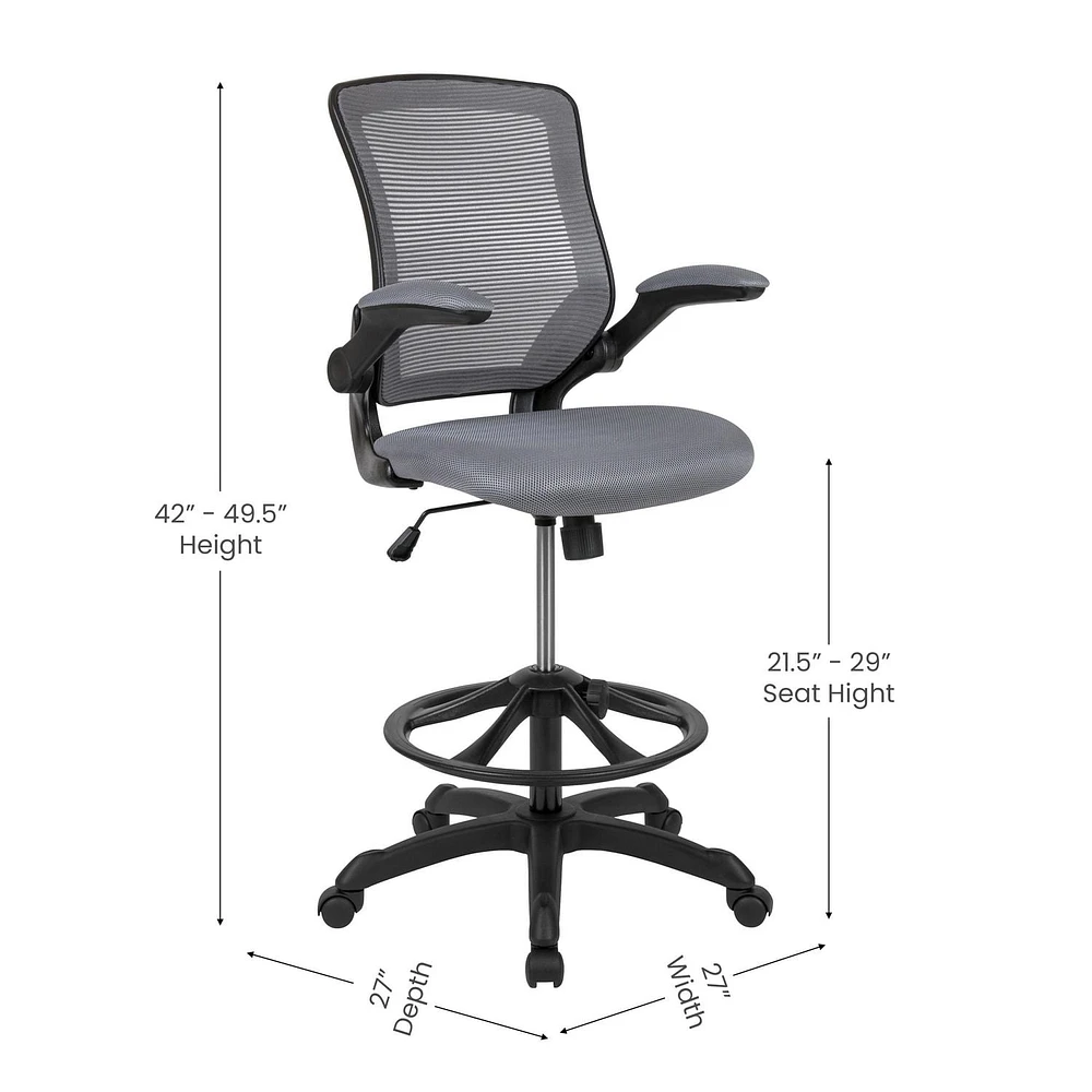 Mid-Back Dark Gray Mesh Ergonomic Drafting Chair with Adjustable Foot Ring and Flip-Up Arms