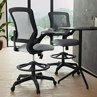 Mid-Back Dark Gray Mesh Ergonomic Drafting Chair with Adjustable Foot Ring and Flip-Up Arms