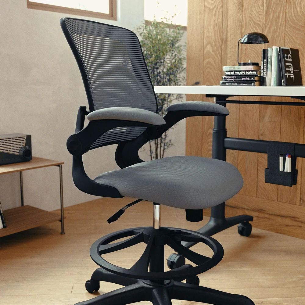 Mid-Back Dark Gray Mesh Ergonomic Drafting Chair with Adjustable Foot Ring and Flip-Up Arms