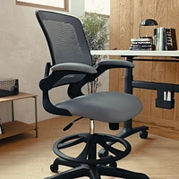 Mid-Back Dark Gray Mesh Ergonomic Drafting Chair with Adjustable Foot Ring and Flip-Up Arms