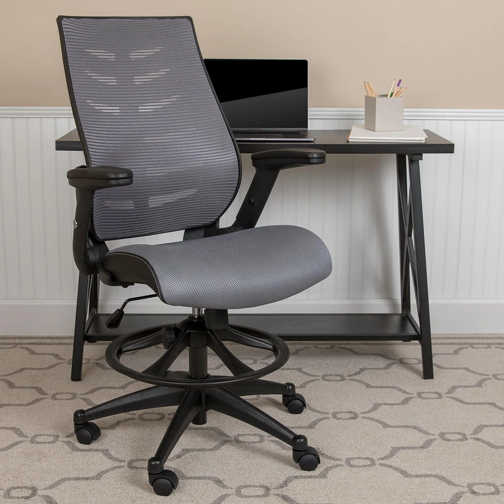 High Back Dark Gray Mesh Spine-Back Ergonomic Drafting Chair with Adjustable Foot Ring and Adjustable Flip-Up Arms