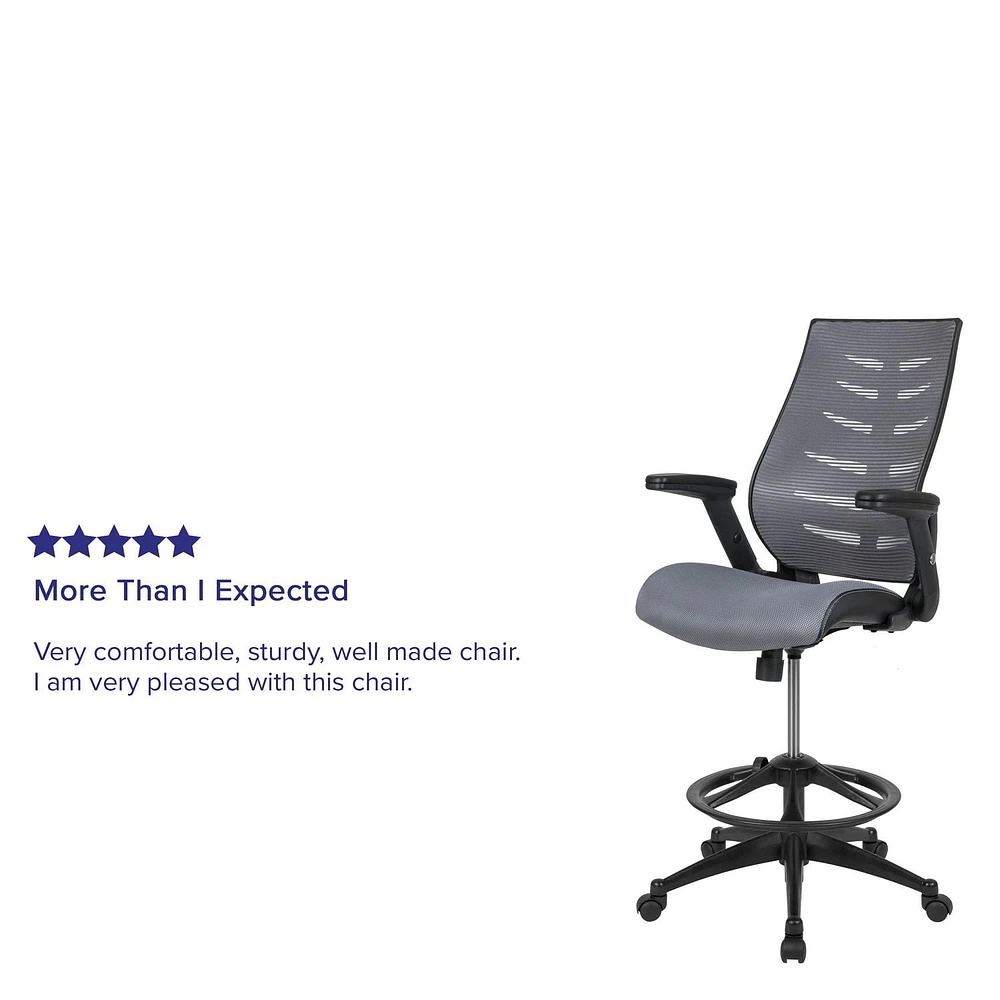 High Back Dark Gray Mesh Spine-Back Ergonomic Drafting Chair with Adjustable Foot Ring and Adjustable Flip-Up Arms