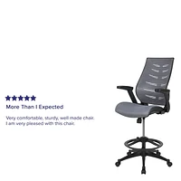 High Back Dark Gray Mesh Spine-Back Ergonomic Drafting Chair with Adjustable Foot Ring and Adjustable Flip-Up Arms