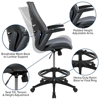 High Back Dark Gray Mesh Spine-Back Ergonomic Drafting Chair with Adjustable Foot Ring and Adjustable Flip-Up Arms