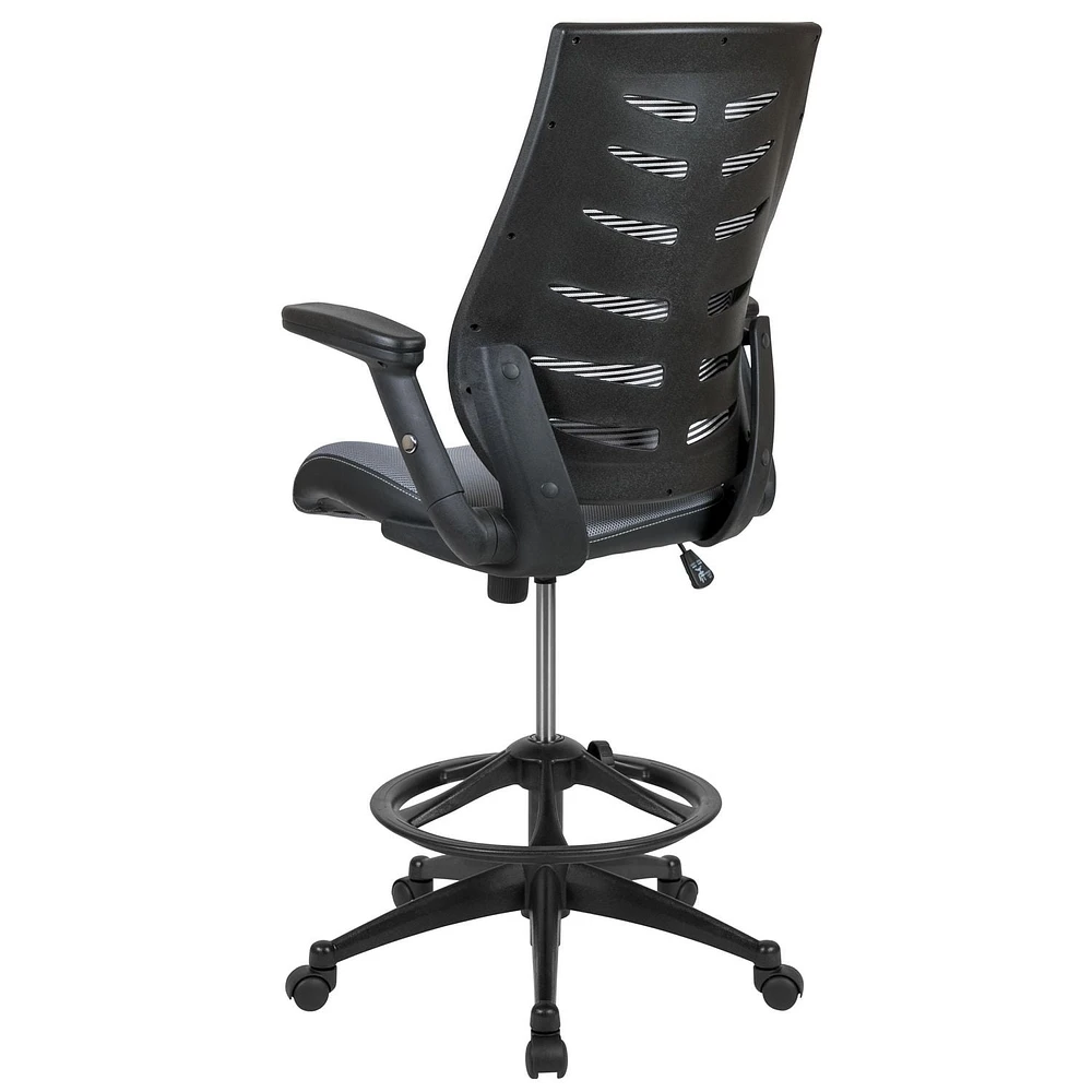 High Back Dark Gray Mesh Spine-Back Ergonomic Drafting Chair with Adjustable Foot Ring and Adjustable Flip-Up Arms