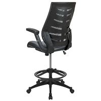 High Back Dark Gray Mesh Spine-Back Ergonomic Drafting Chair with Adjustable Foot Ring and Adjustable Flip-Up Arms