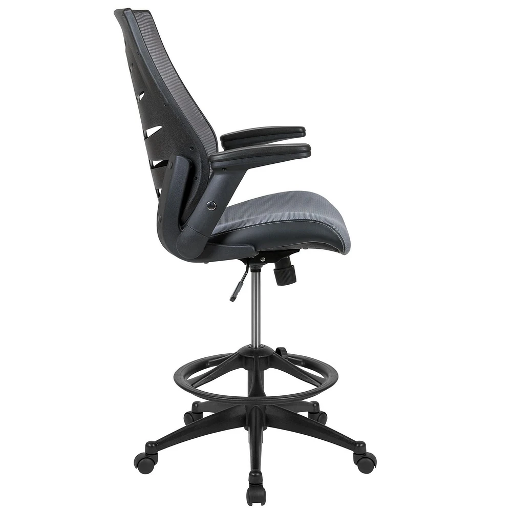 High Back Dark Gray Mesh Spine-Back Ergonomic Drafting Chair with Adjustable Foot Ring and Adjustable Flip-Up Arms