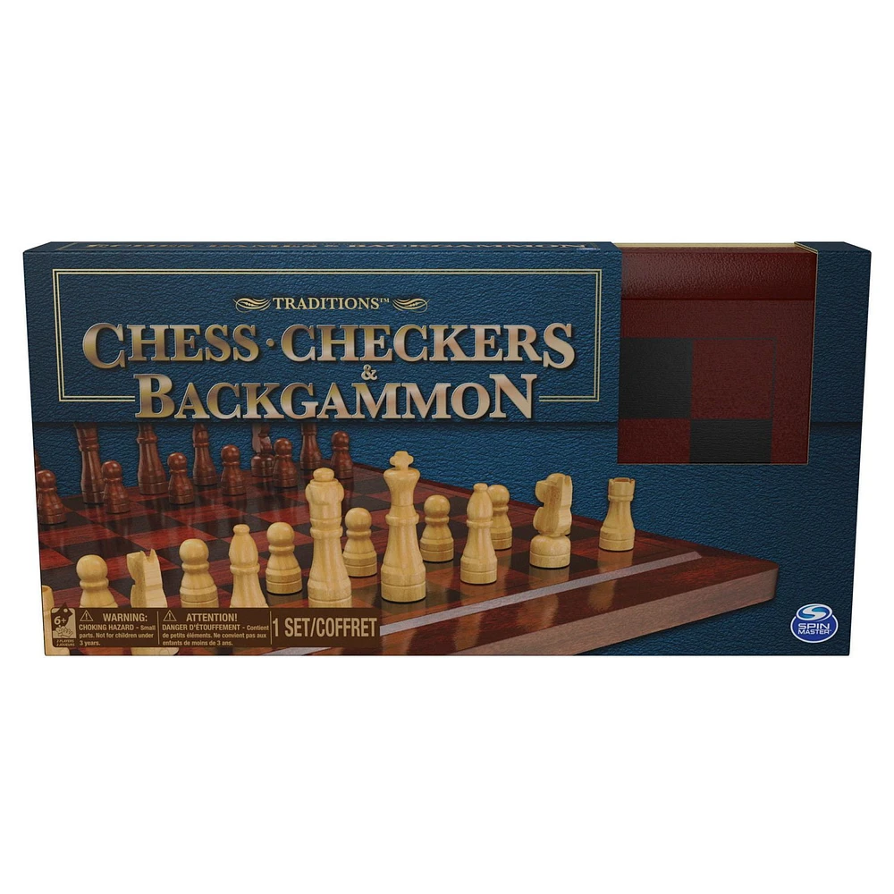 Cardinal Games Chess Checkers Backgammon Set with Wooden Storage Case, Wooden 3-Game Set